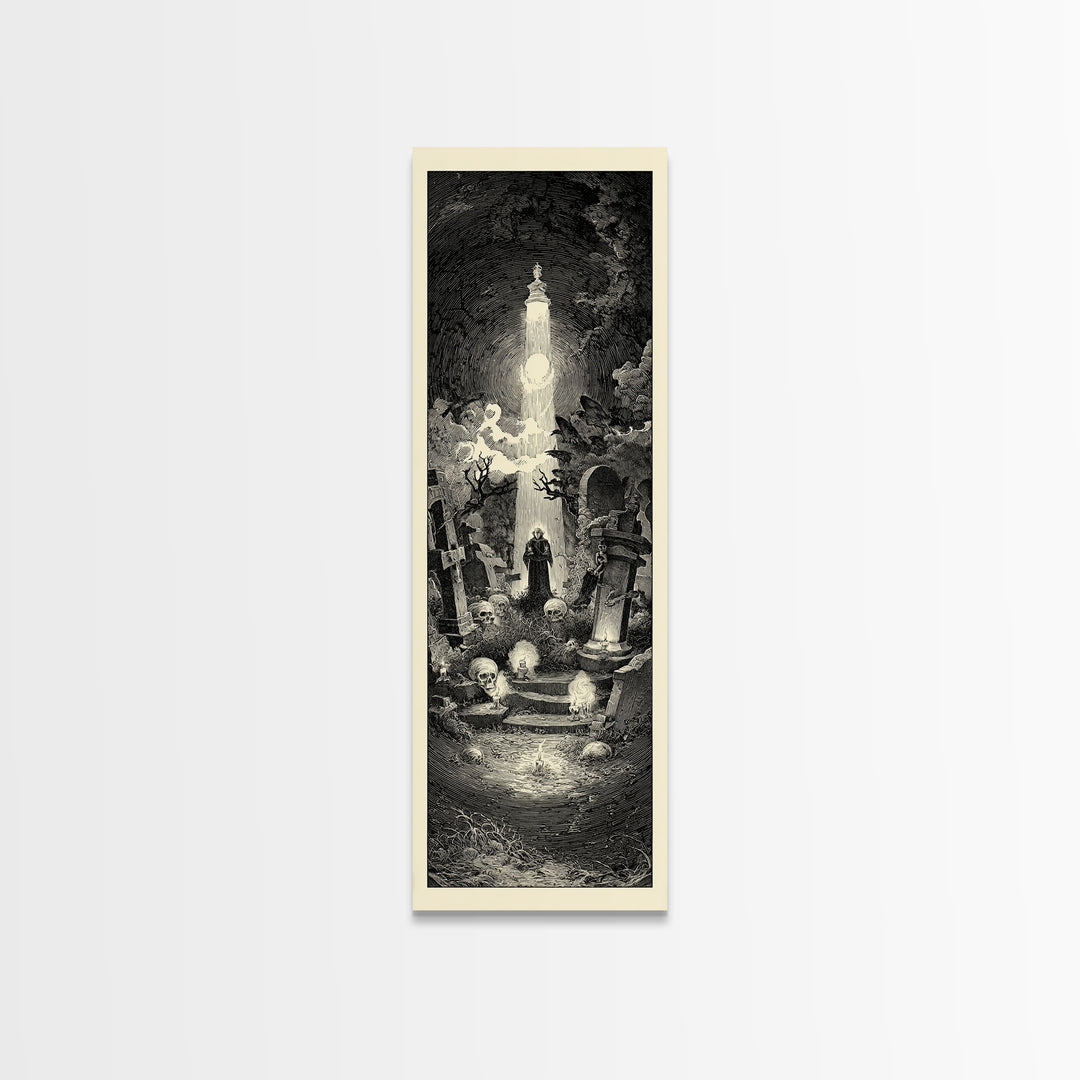 The Cemetery Lantern Festival, Gothic Engraving Art, Tall Narrow Wall Art, Gothic Horror Wall Art, Canvas Print, Halloween Wall Art