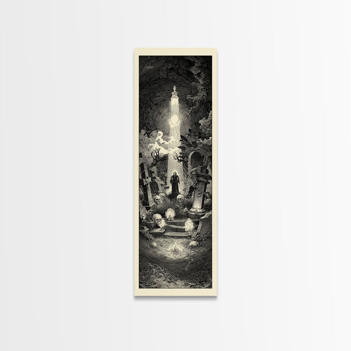 The Cemetery Lantern Festival, Gothic Engraving Art, Tall Narrow Wall Art, Gothic Horror Wall Art, Canvas Print, Halloween Wall Art