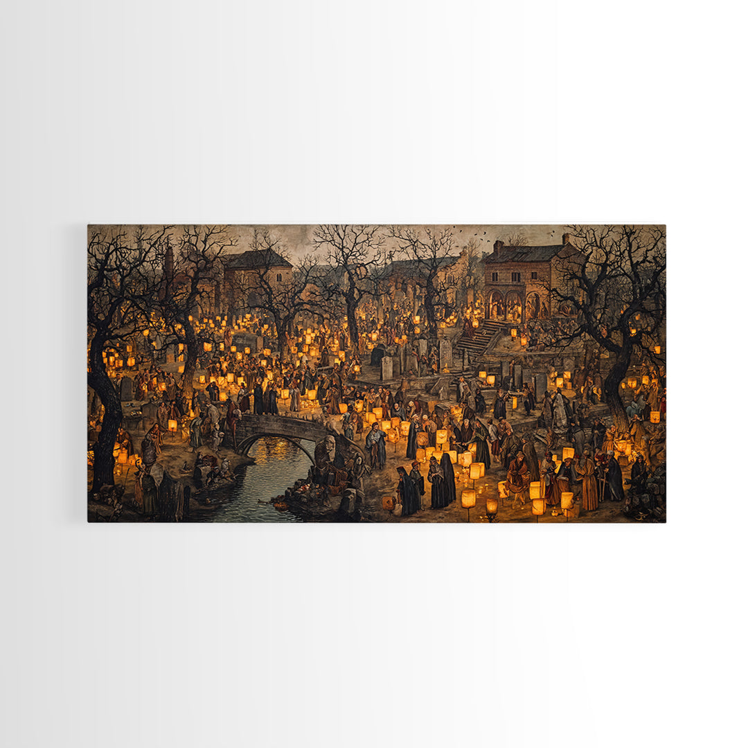 The Cemetery Lantern Festival, Northern Renaissance Horror, Wide Panoramic Art, Dark Halloween Decor, Framed Canvas Print
