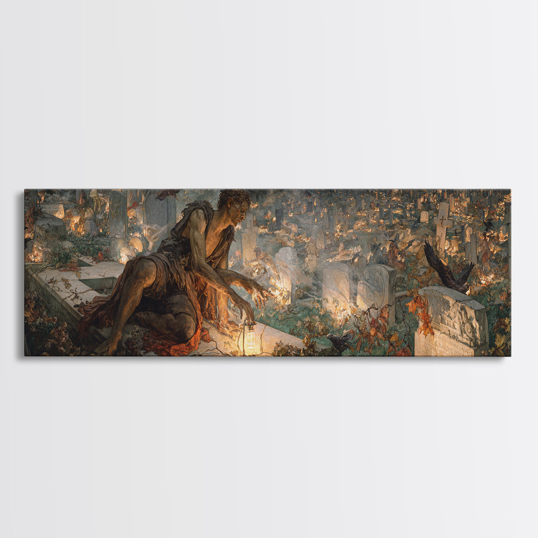 The Cemetery Lantern Festival, Dark Renaissance Art, Extra Wide Wall Art, Gothic Horror Wall Art, Canvas Print