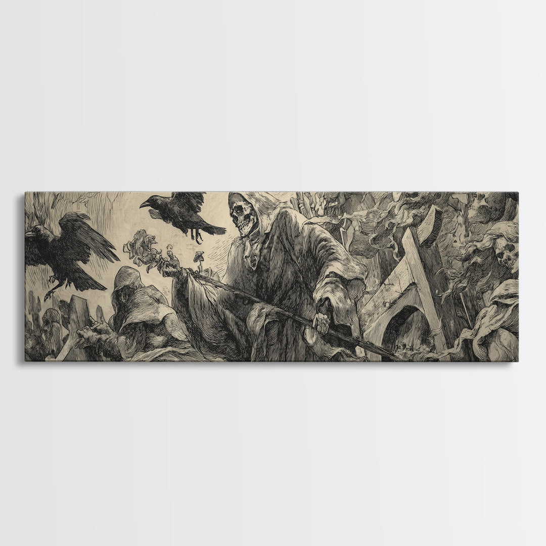 The Cemetery Lantern Festival, Renaissance Engraving Art, Extra Wide Wall Art, Macabre Wall Art, Canvas Print, Halloween Wall Art