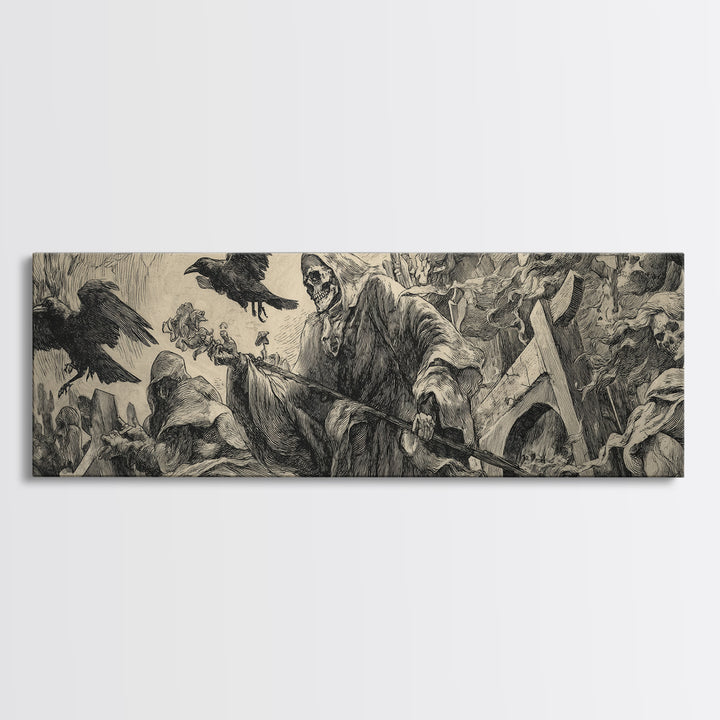The Cemetery Lantern Festival, Renaissance Engraving Art, Extra Wide Wall Art, Macabre Wall Art, Canvas Print, Halloween Wall Art