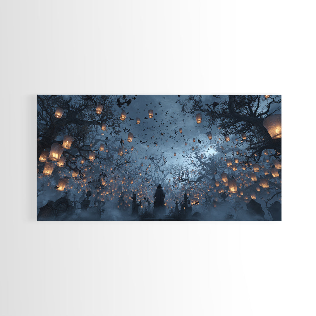 The Cemetery Lantern Festival, Baroque Witchcraft Art, Wide Panoramic Art, Macabre Wall Art, Framed Canvas Print, Halloween Wall Art