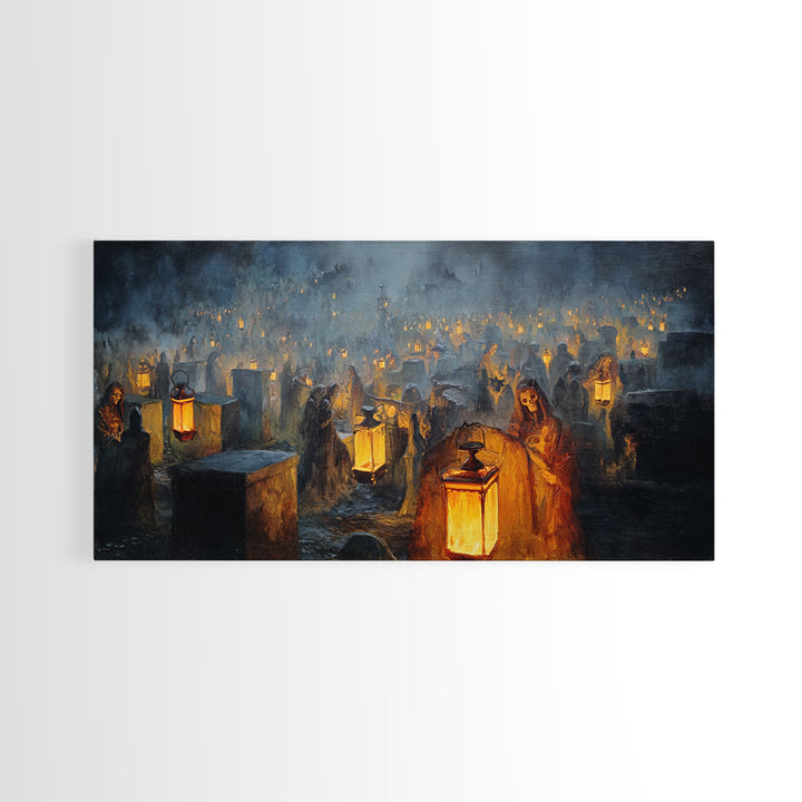 The Cemetery Lantern Festival, Dark Romantic Horror Art, Wide Panoramic Art, Gothic Horror Wall Art, Framed Canvas Print