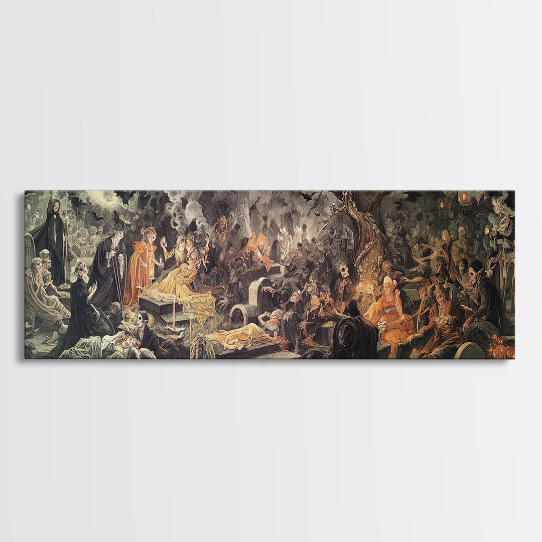 The Cemetery Lantern Festival, Gothic Nightmare Art, Extra Wide Wall Art, Dark Fantasy Wall Art, Canvas Print, Halloween Wall Art