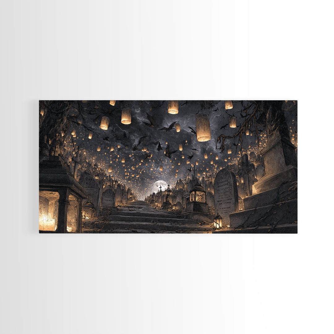 The Cemetery Lantern Festival, Architectural Etching Art, Wide Panoramic Art, Gothic Horror Wall Art, Framed Canvas Print