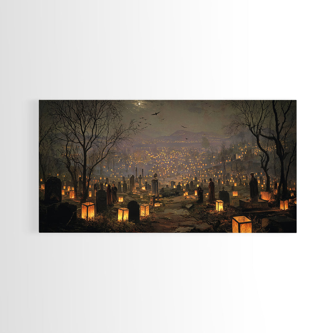 The Cemetery Lantern Festival, Romantic Gothic Landscape, Wide Panoramic Art, Dark Fantasy Wall Art, Framed Canvas Print