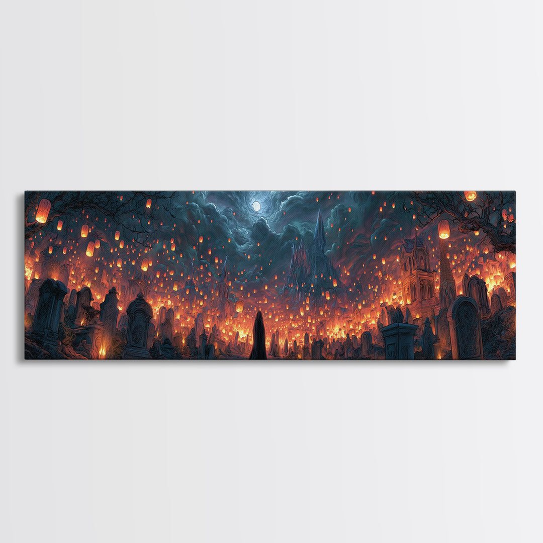 The Cemetery Lantern Festival, Apocalyptic Romantic Art, Extra Wide Wall Art, Dark Fantasy Wall Art, Framed Canvas Print, Halloween Wall Art