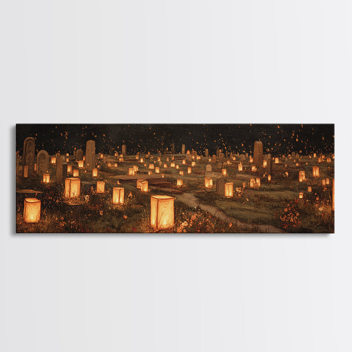 The Cemetery Lantern Festival, Symbolist Dream Art, Extra Wide Wall Art, Dark Fantasy Wall Art, Framed Canvas Print, Halloween Decor