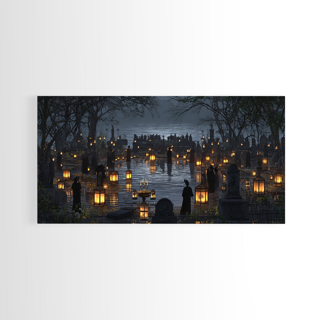 The Cemetery Lantern Festival, Symbolist Gothic Landscape, Wide Panoramic Art, Dark Fantasy Wall Art, Canvas Print, Halloween Wall Art