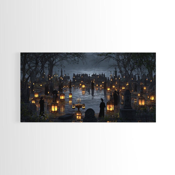 The Cemetery Lantern Festival, Symbolist Gothic Landscape, Wide Panoramic Art, Dark Fantasy Wall Art, Canvas Print, Halloween Wall Art
