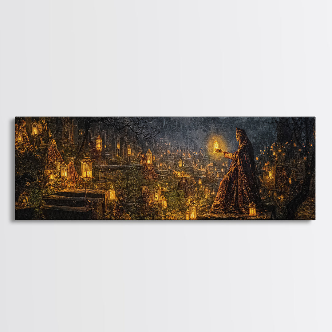 The Cemetery Lantern Festival, Ornate Symbolist Art, Extra Wide Wall Art, Macabre Wall Art, Canvas Print, Halloween Wall Art