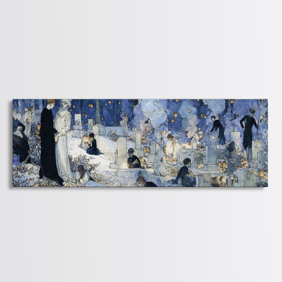 The Cemetery Lantern Festival, Symbolist Death Art, Extra Wide Wall Art, Macabre Wall Art, Framed Canvas Print, Halloween Wall Art