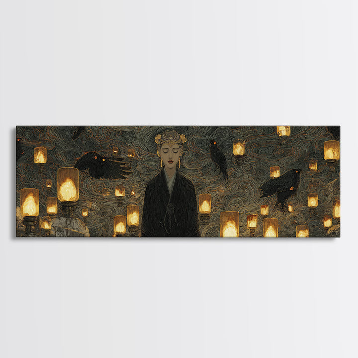 The Cemetery Lantern Festival, Dark Symbolist Art, Extra Wide Wall Art, Macabre Wall Art, Canvas Print, Halloween Wall Art