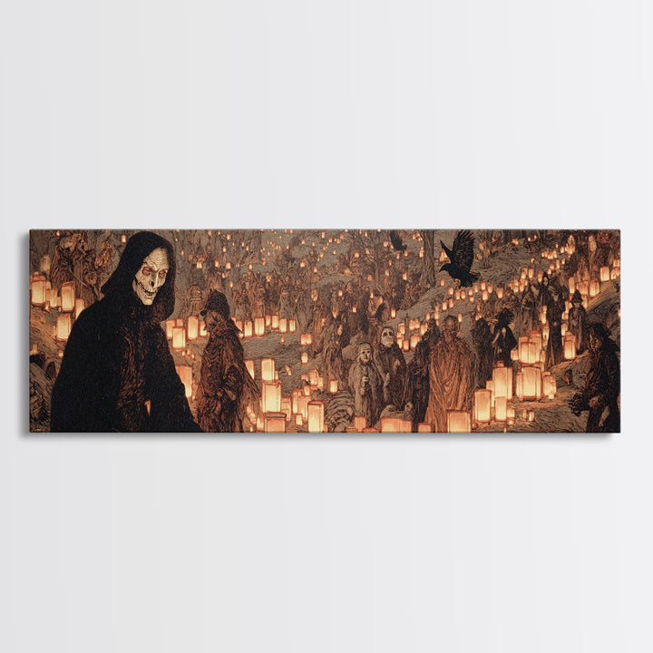 The Cemetery Lantern Festival, Symbolist Etching Art, Extra Wide Wall Art, Macabre Wall Art, Canvas Print, Halloween Wall Art