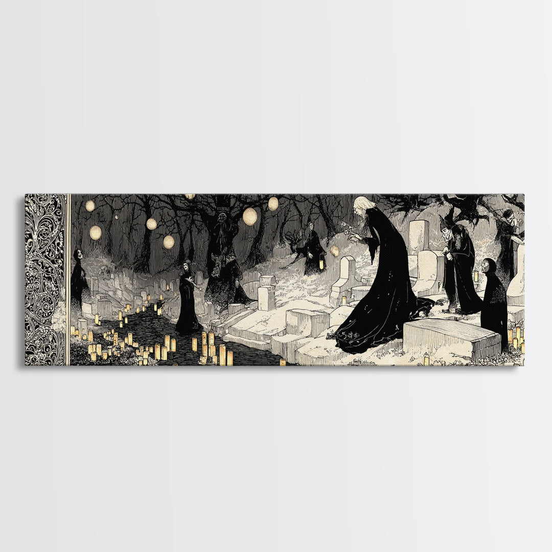 The Cemetery Lantern Festival, Decadent Line Art, Extra Wide Wall Art, Macabre Wall Art, Framed Canvas Print, Halloween Wall Art