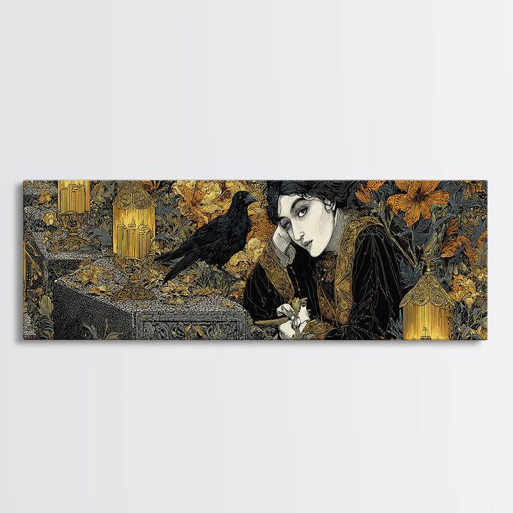 The Cemetery Lantern Festival, Stained Glass Gothic Art, Extra Wide Wall Art, Dark Halloween Decor, Framed Canvas Print, Halloween Wall Art