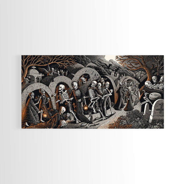 The Cemetery Lantern Festival, Macabre Folk Print Art, Wide Panoramic Art, Dark Halloween Decor, Framed Canvas Print