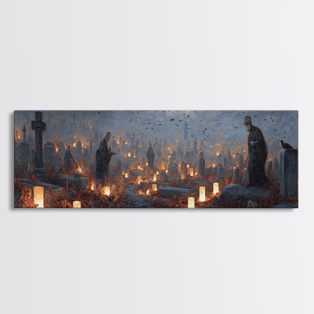 The Cemetery Lantern Festival, Surreal Apocalyptic Art, Extra Wide Wall Art, Gothic Horror Wall Art, Canvas Print, Halloween Decor