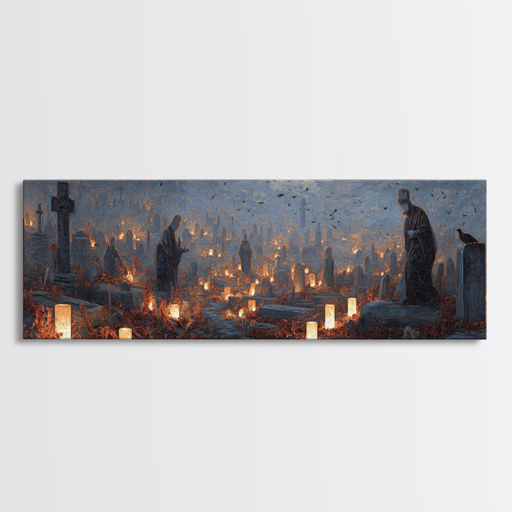 The Cemetery Lantern Festival, Surreal Apocalyptic Art, Extra Wide Wall Art, Gothic Horror Wall Art, Canvas Print, Halloween Decor