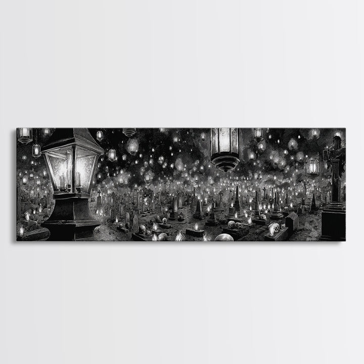 The Cemetery Lantern Festival, Biomechanical Horror Art, Extra Wide Wall Art, Gothic Horror Wall Art, Framed Canvas Print