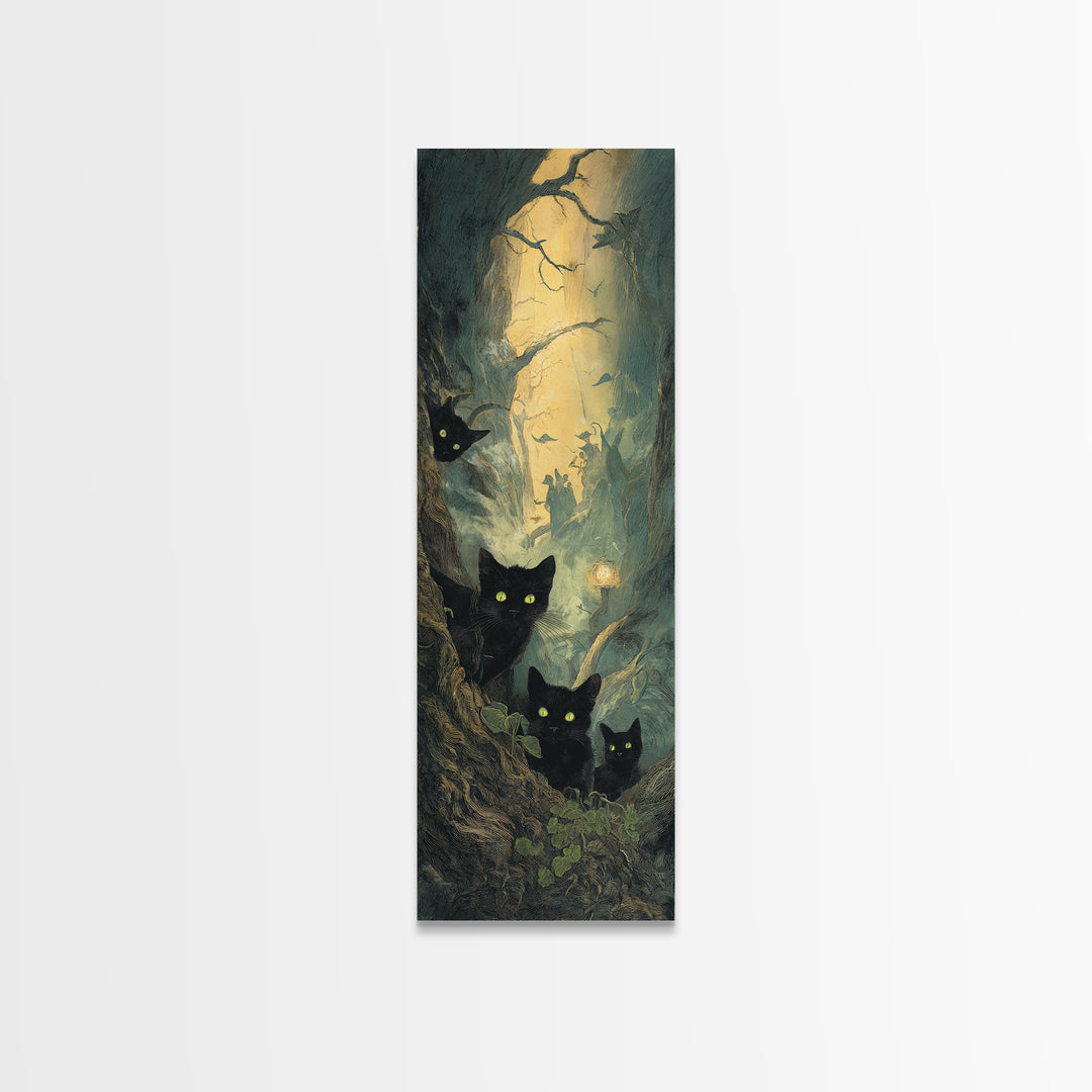 The Black Cat Gathering, Gothic Engraving Art, Tall Narrow Wall Art, Gothic Horror Wall Art, Framed Canvas Print, Halloween Wall Art