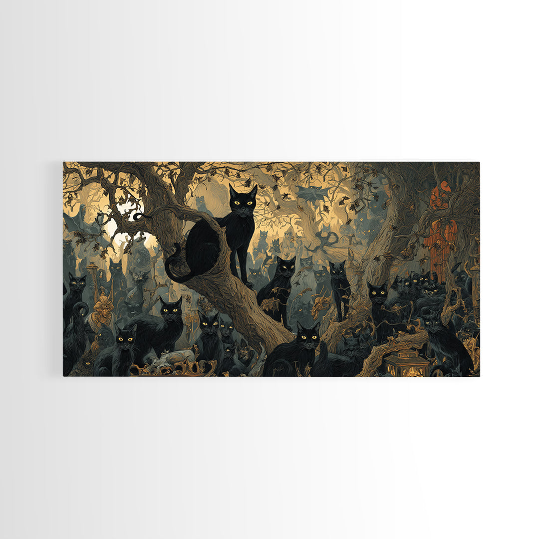 The Black Cat Gathering, Medieval Grotesque Art, Wide Panoramic Art, Dark Fantasy Wall Art, Canvas Print, Halloween Wall Art