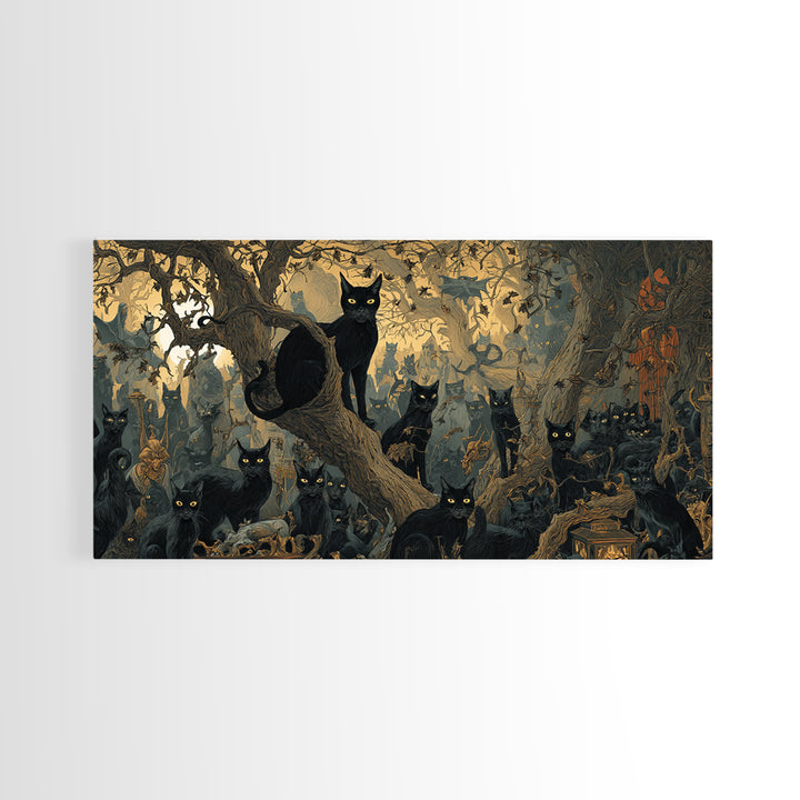 The Black Cat Gathering, Medieval Grotesque Art, Wide Panoramic Art, Dark Fantasy Wall Art, Canvas Print, Halloween Wall Art