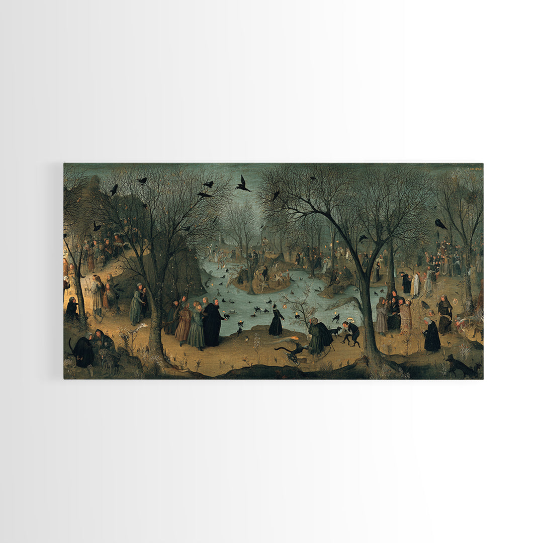 The Black Cat Gathering, Northern Renaissance Horror, Wide Panoramic Art, Gothic Horror Wall Art, Framed Canvas Print