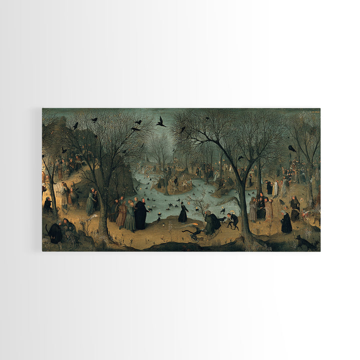 The Black Cat Gathering, Northern Renaissance Horror, Wide Panoramic Art, Gothic Horror Wall Art, Framed Canvas Print