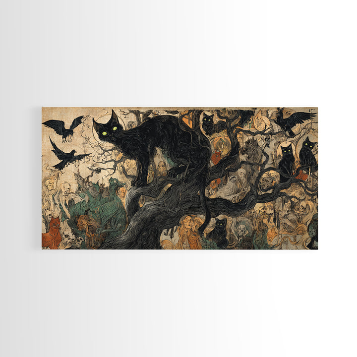 The Black Cat Gathering, Dark Renaissance Art, Wide Panoramic Art, Dark Halloween Decor, Canvas Print, Halloween Wall Art