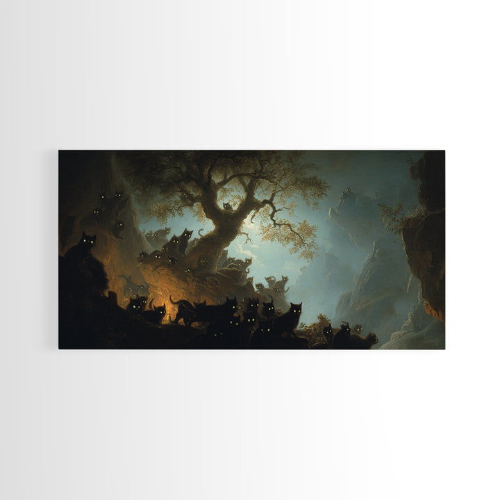 The Black Cat Gathering, Baroque Witchcraft Art, Wide Panoramic Art, Dark Fantasy Wall Art, Framed Canvas Print, Halloween Wall Art