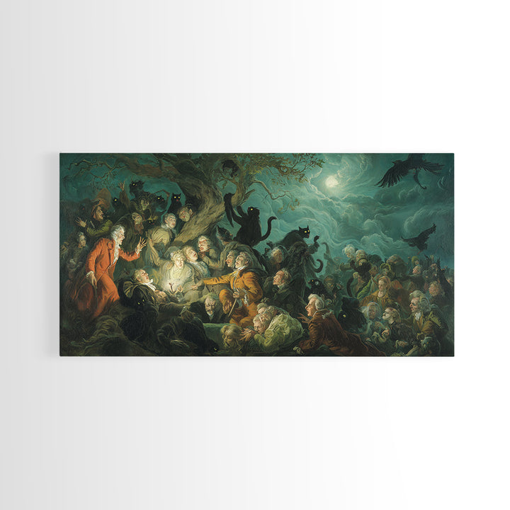 The Black Cat Gathering, Gothic Nightmare Art, Wide Panoramic Art, Macabre Wall Art, Canvas Print, Halloween Wall Art