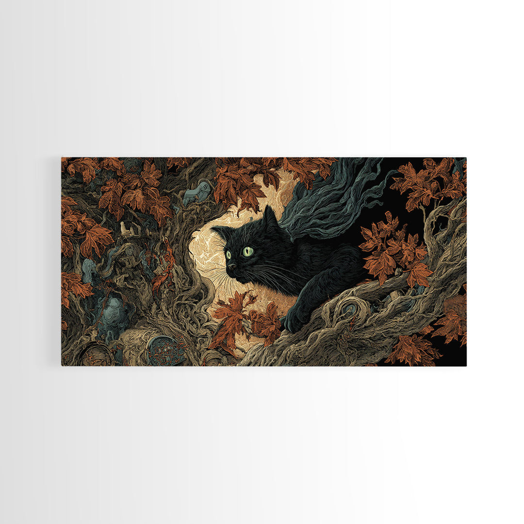 The Black Cat Gathering, Visionary Gothic Art, Wide Panoramic Art, Dark Halloween Decor, Framed Canvas Print, Halloween Wall Art