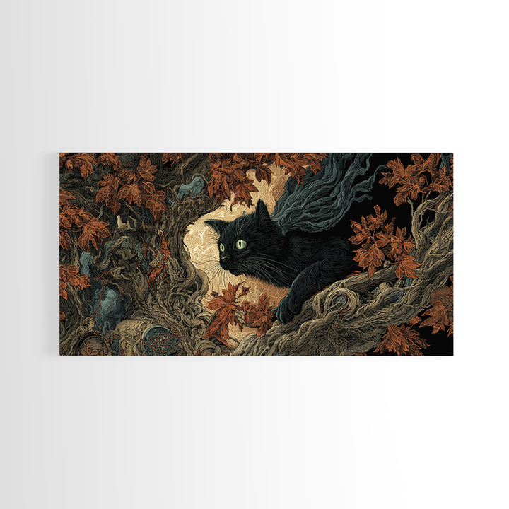 The Black Cat Gathering, Visionary Gothic Art, Wide Panoramic Art, Dark Halloween Decor, Framed Canvas Print, Halloween Wall Art