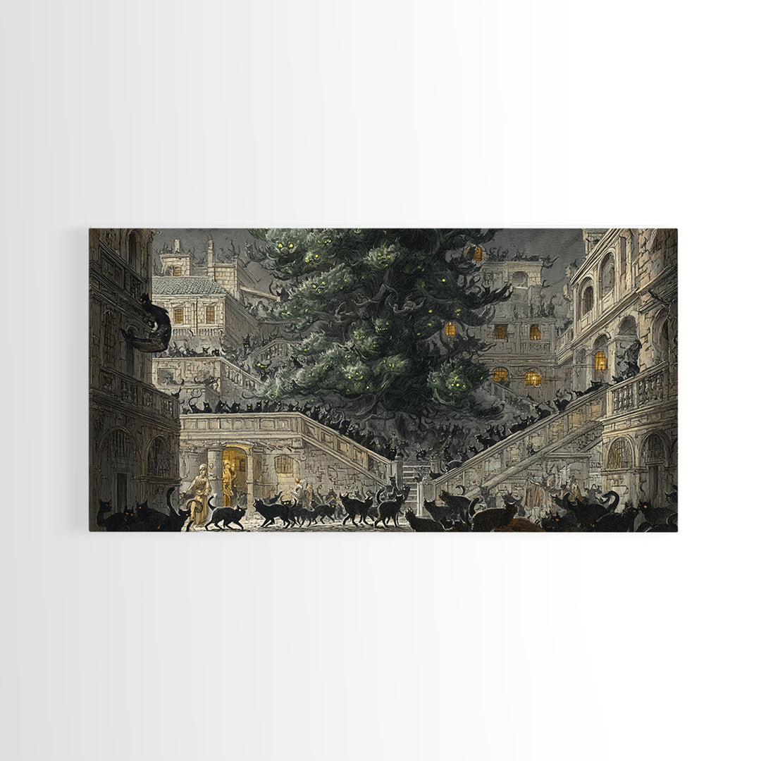 The Black Cat Gathering, Architectural Etching Art, Wide Panoramic Art, Macabre Wall Art, Canvas Print, Halloween Wall Art