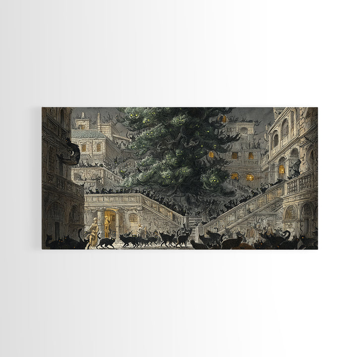 The Black Cat Gathering, Architectural Etching Art, Wide Panoramic Art, Macabre Wall Art, Canvas Print, Halloween Wall Art