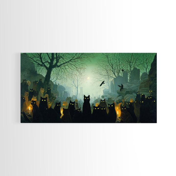 The Black Cat Gathering, Romantic Gothic Landscape, Wide Panoramic Art, Dark Fantasy Wall Art, Canvas Print, Halloween Wall Art