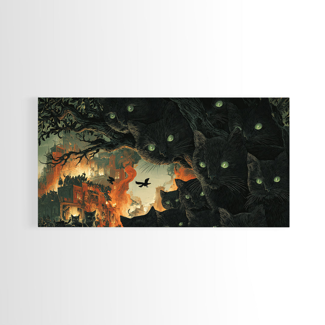 The Black Cat Gathering, Apocalyptic Romantic Art, Wide Panoramic Art, Macabre Wall Art, Framed Canvas Print, Halloween Wall Art