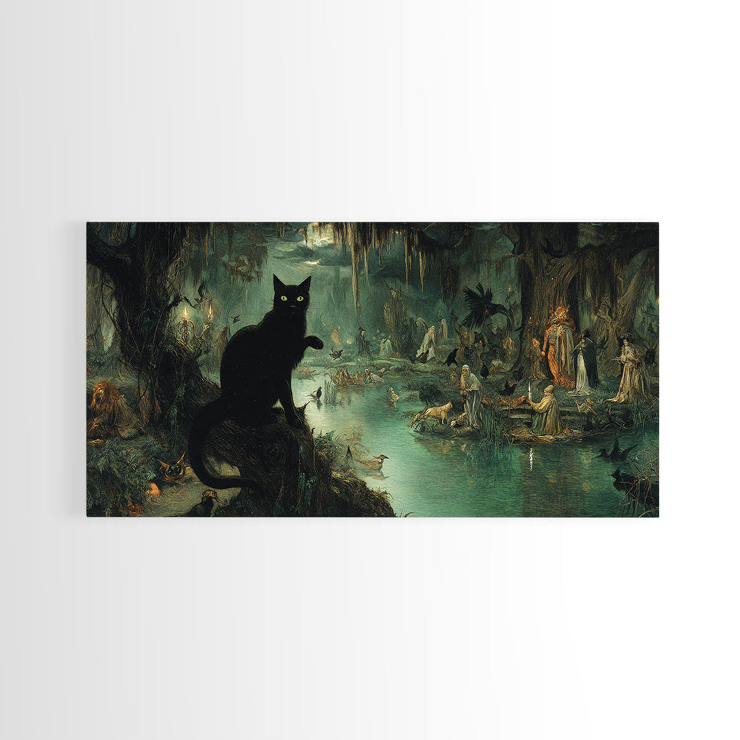 The Black Cat Gathering, Symbolist Gothic Landscape, Wide Panoramic Art, Dark Fantasy Wall Art, Framed Canvas Print, Halloween Wall Art