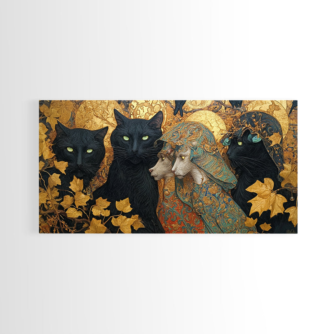 The Black Cat Gathering, Ornate Symbolist Art, Wide Panoramic Art, Gothic Horror Wall Art, Canvas Print, Halloween Wall Art