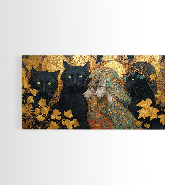 The Black Cat Gathering, Ornate Symbolist Art, Wide Panoramic Art, Gothic Horror Wall Art, Canvas Print, Halloween Wall Art