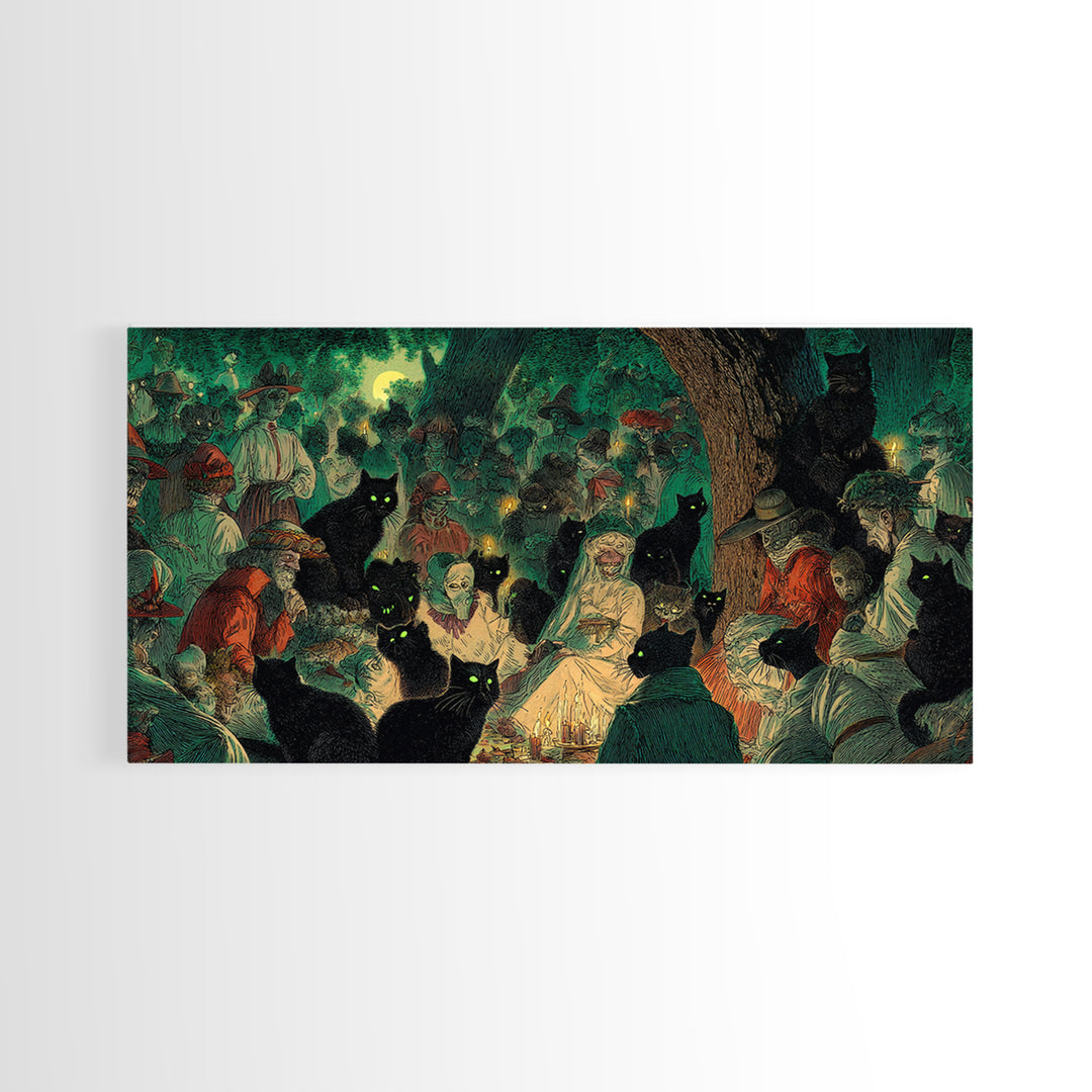 The Black Cat Gathering, Decadent Gothic Art, Wide Panoramic Art, Gothic Horror Wall Art, Canvas Print, Halloween Wall Art