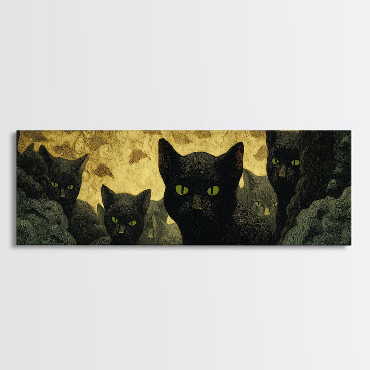 The Black Cat Gathering, Dark Symbolist Art, Extra Wide Wall Art, Dark Fantasy Wall Art, Canvas Print, Halloween Wall Art