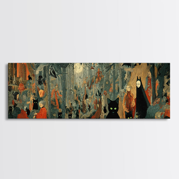 The Black Cat Gathering, Symbolist Etching Art, Extra Wide Wall Art, Macabre Wall Art, Canvas Print, Halloween Wall Art