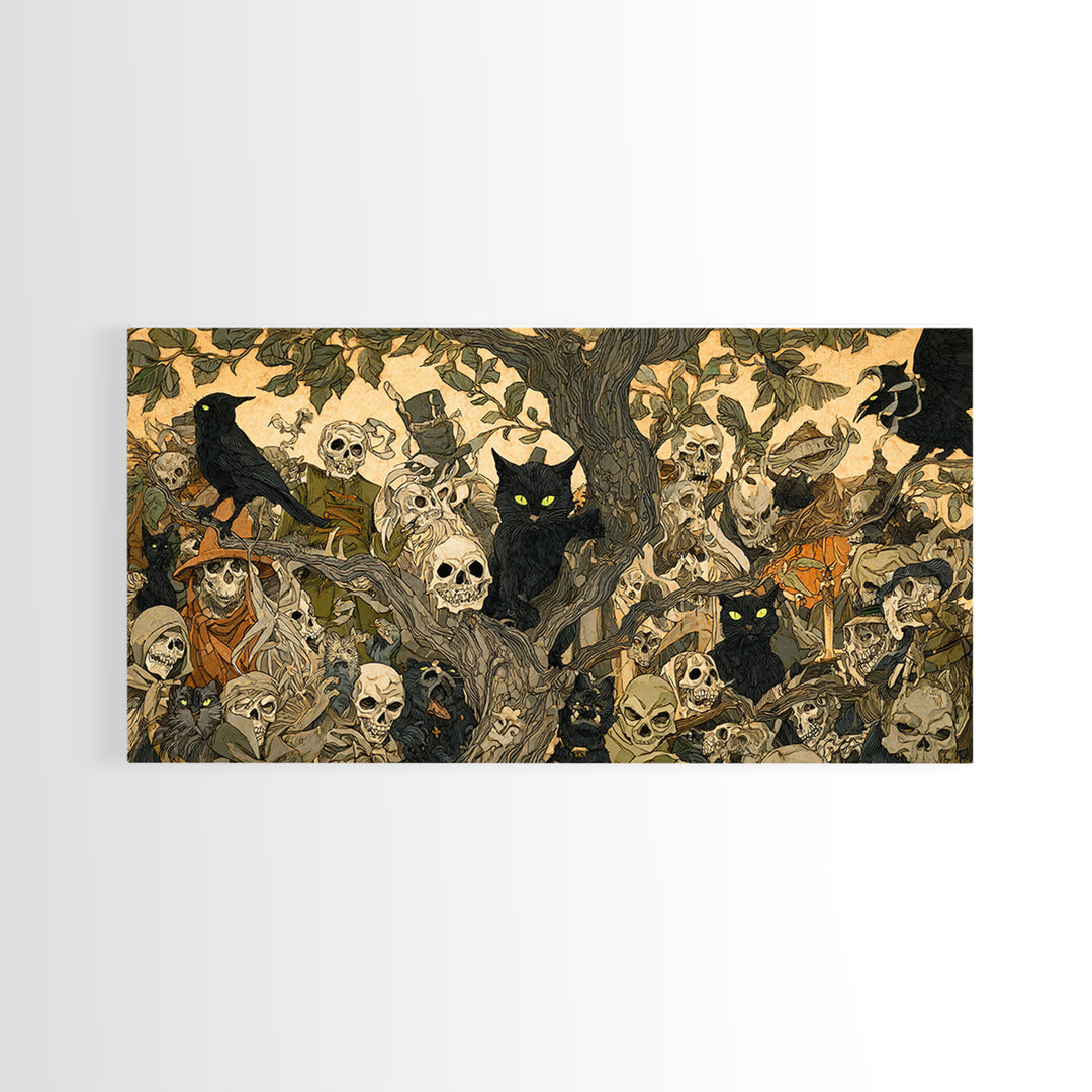 The Black Cat Gathering, Grotesque Carnival Art, Wide Panoramic Art, Dark Halloween Decor, Framed Canvas Print, Halloween Wall Art