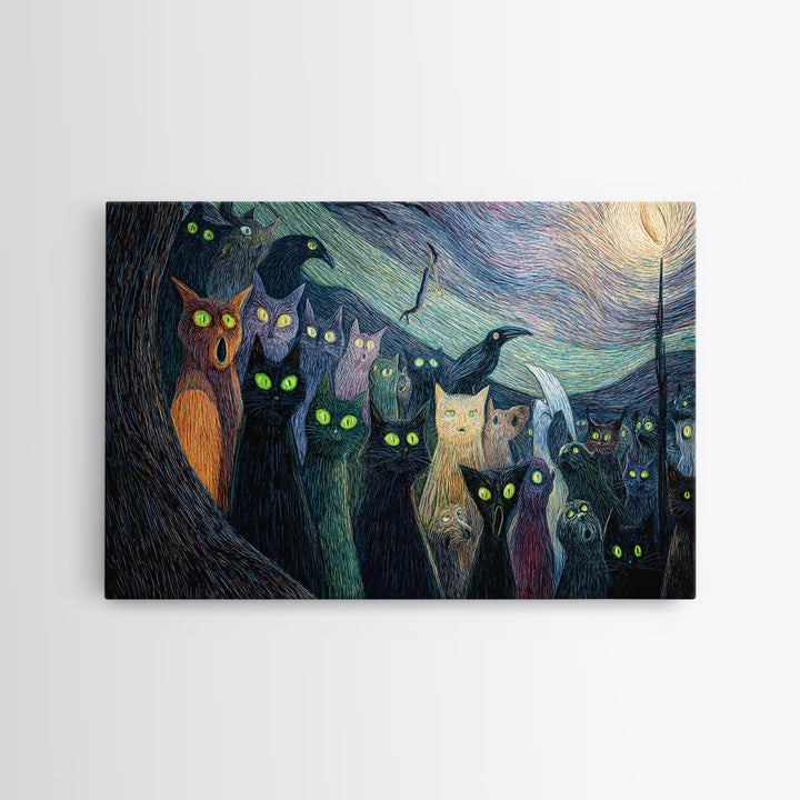 The Black Cat Gathering, Expressionist Gothic Art, Landscape Wall Art, Dark Halloween Decor, Canvas Print, Halloween Wall Art