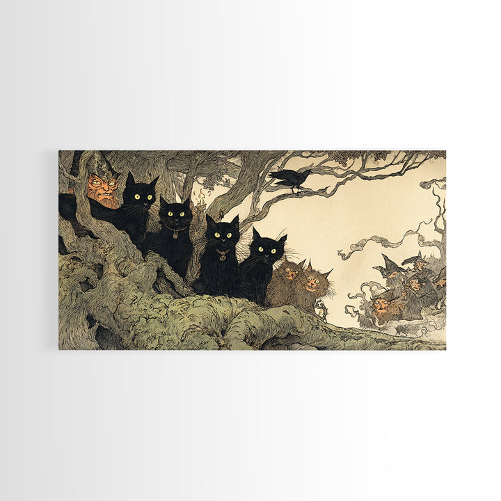 The Black Cat Gathering, Gothic Storybook Art, Wide Panoramic Art, Dark Halloween Decor, Framed Canvas Print, Halloween Wall Art