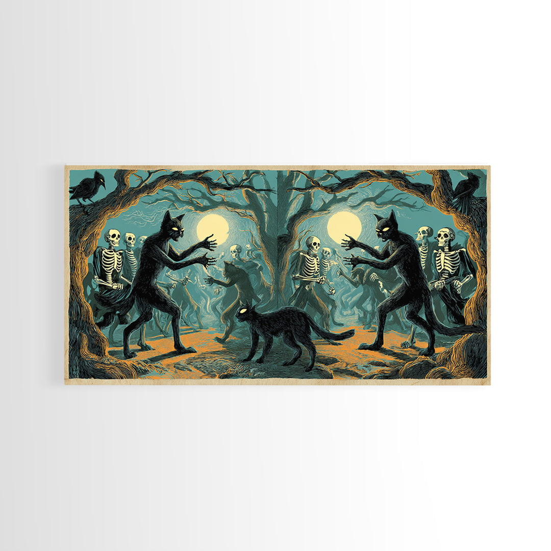 The Black Cat Gathering, Macabre Folk Print Art, Wide Panoramic Art, Macabre Wall Art, Framed Canvas Print, Halloween Wall Art
