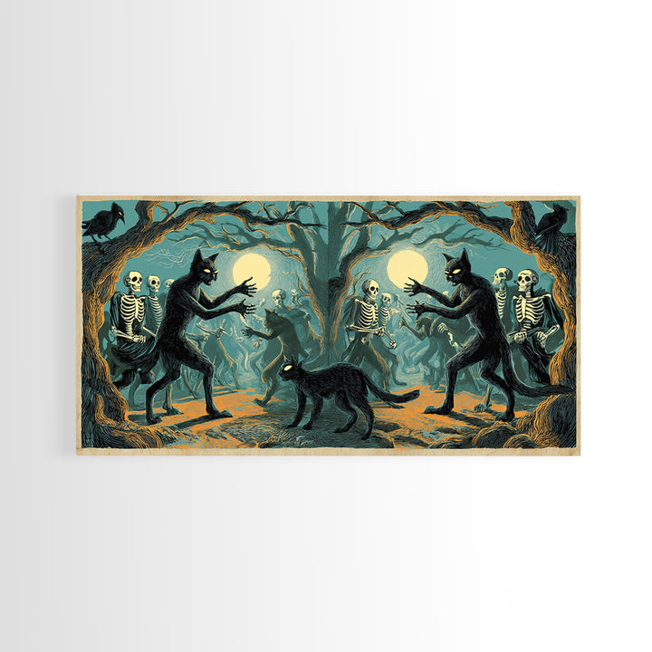 The Black Cat Gathering, Macabre Folk Print Art, Wide Panoramic Art, Macabre Wall Art, Framed Canvas Print, Halloween Wall Art